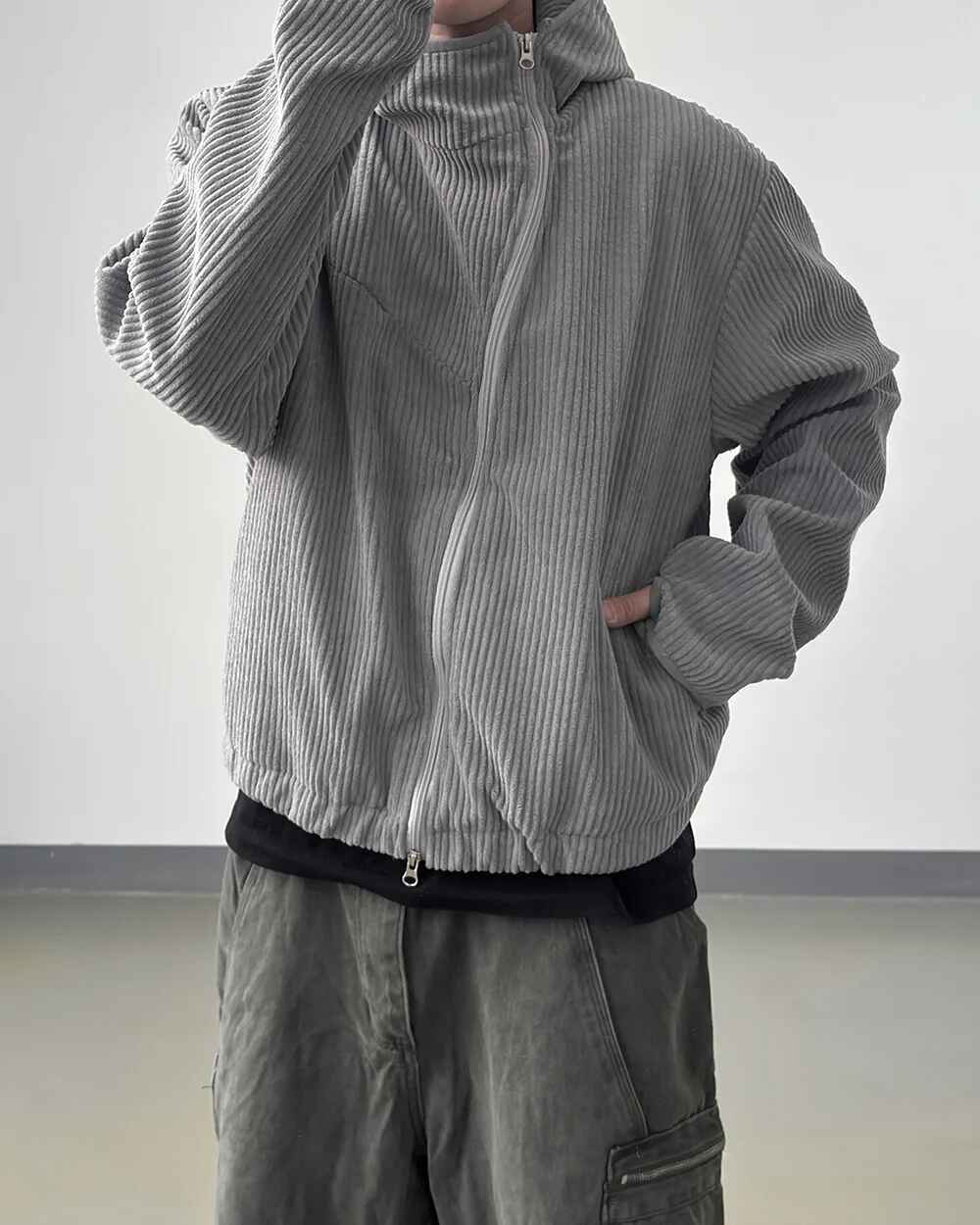 燈芯絨 高領 不對稱拉鍊 連帽外套 / 3色