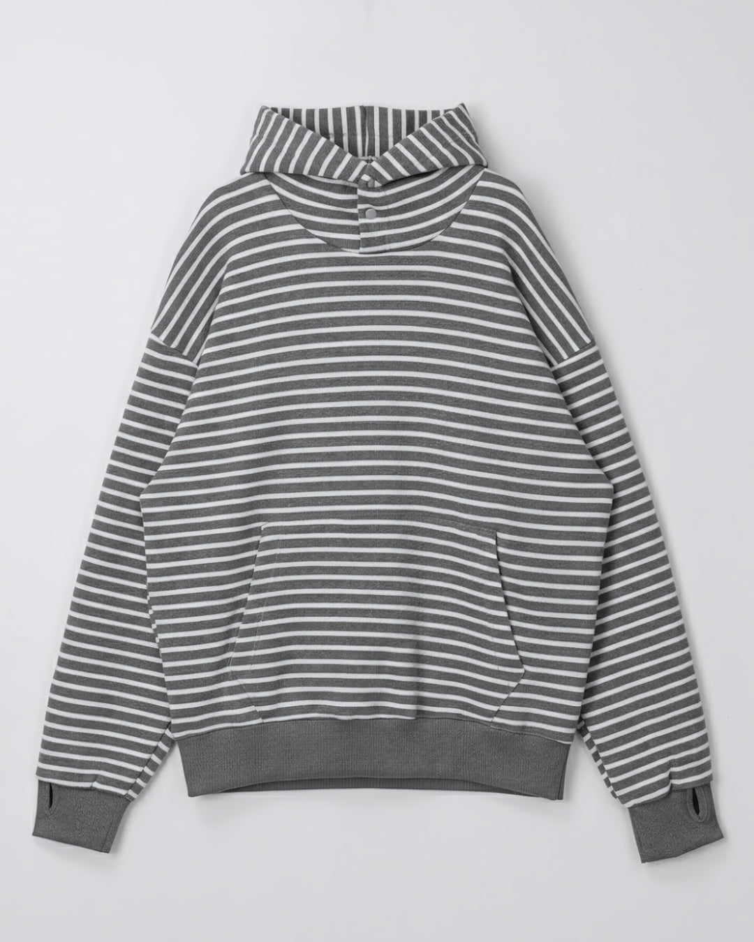 寬鬆 條紋 半開襟 手袖 刷毛 帽T / 3色