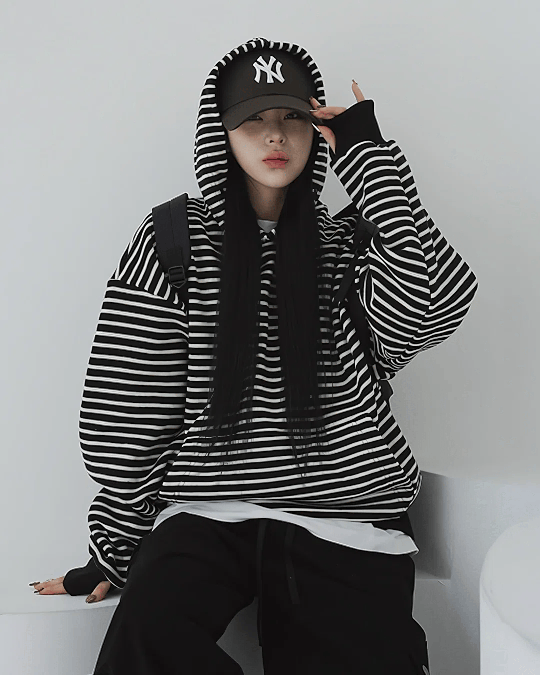 寬鬆 條紋 半開襟 手袖 刷毛 帽T / 3色