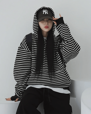 寬鬆 條紋 半開襟 手袖 刷毛 帽T / 3色