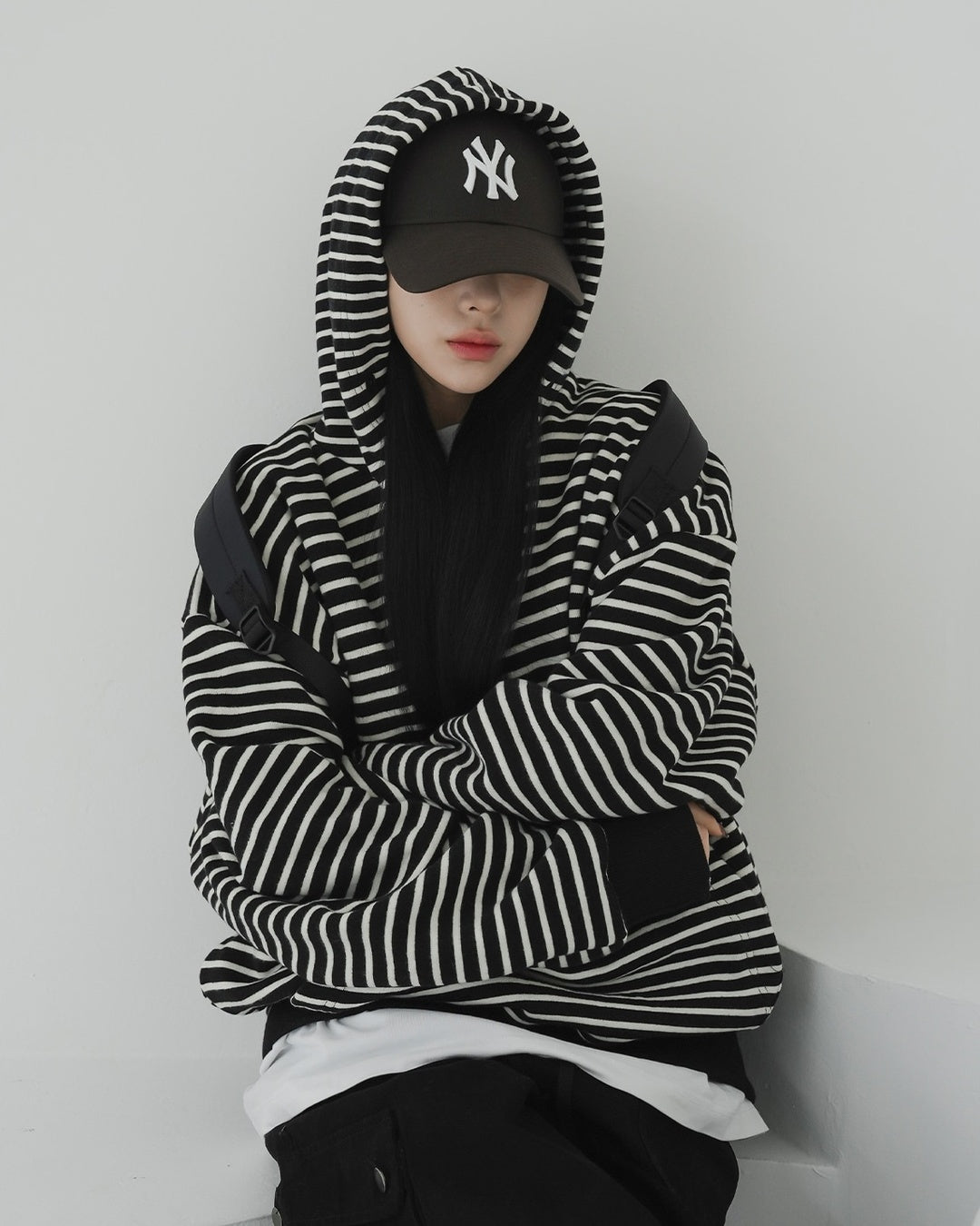 寬鬆 條紋 半開襟 手袖 刷毛 帽T / 3色