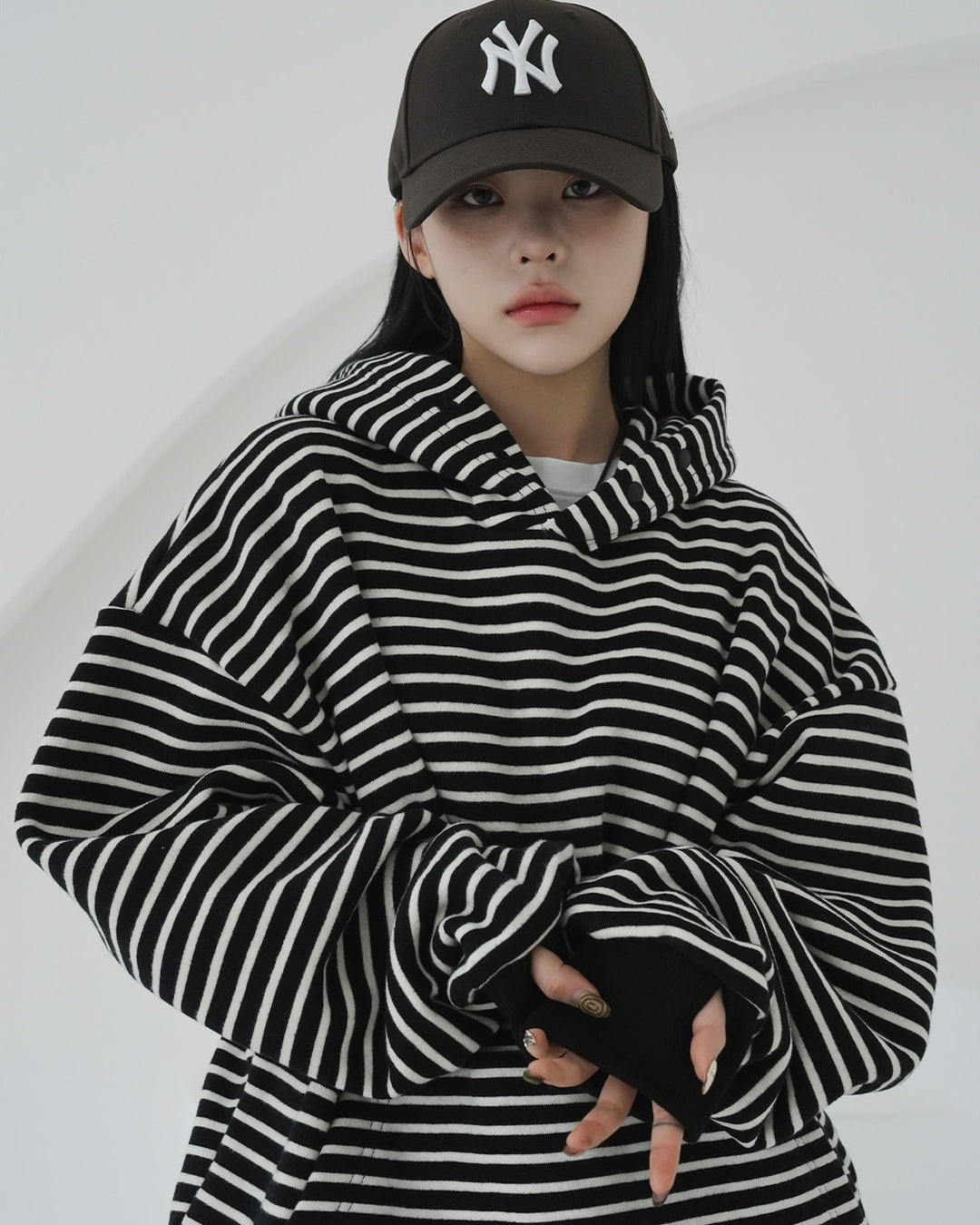 寬鬆 條紋 半開襟 手袖 刷毛 帽T / 3色