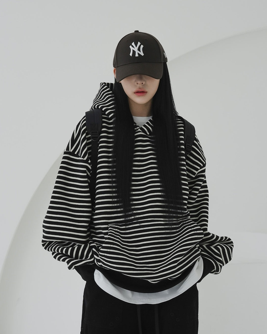寬鬆 條紋 半開襟 手袖 刷毛 帽T / 3色