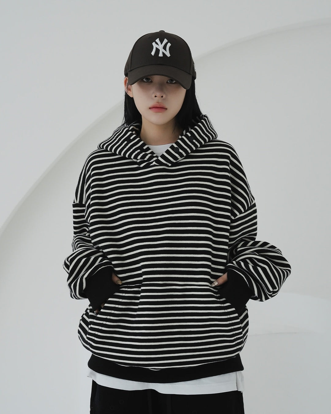 寬鬆 條紋 半開襟 手袖 刷毛 帽T / 3色
