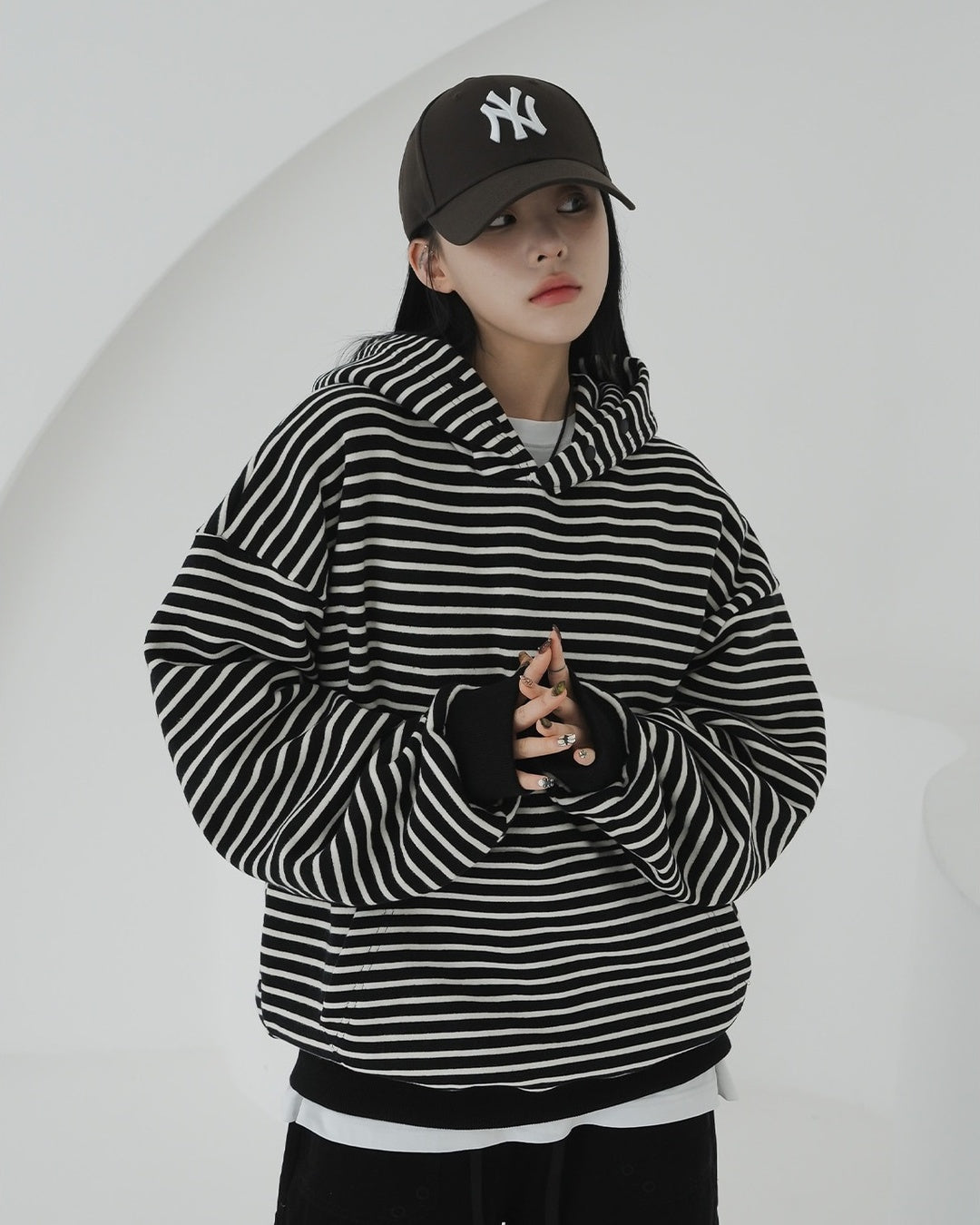 寬鬆 條紋 半開襟 手袖 刷毛 帽T / 3色