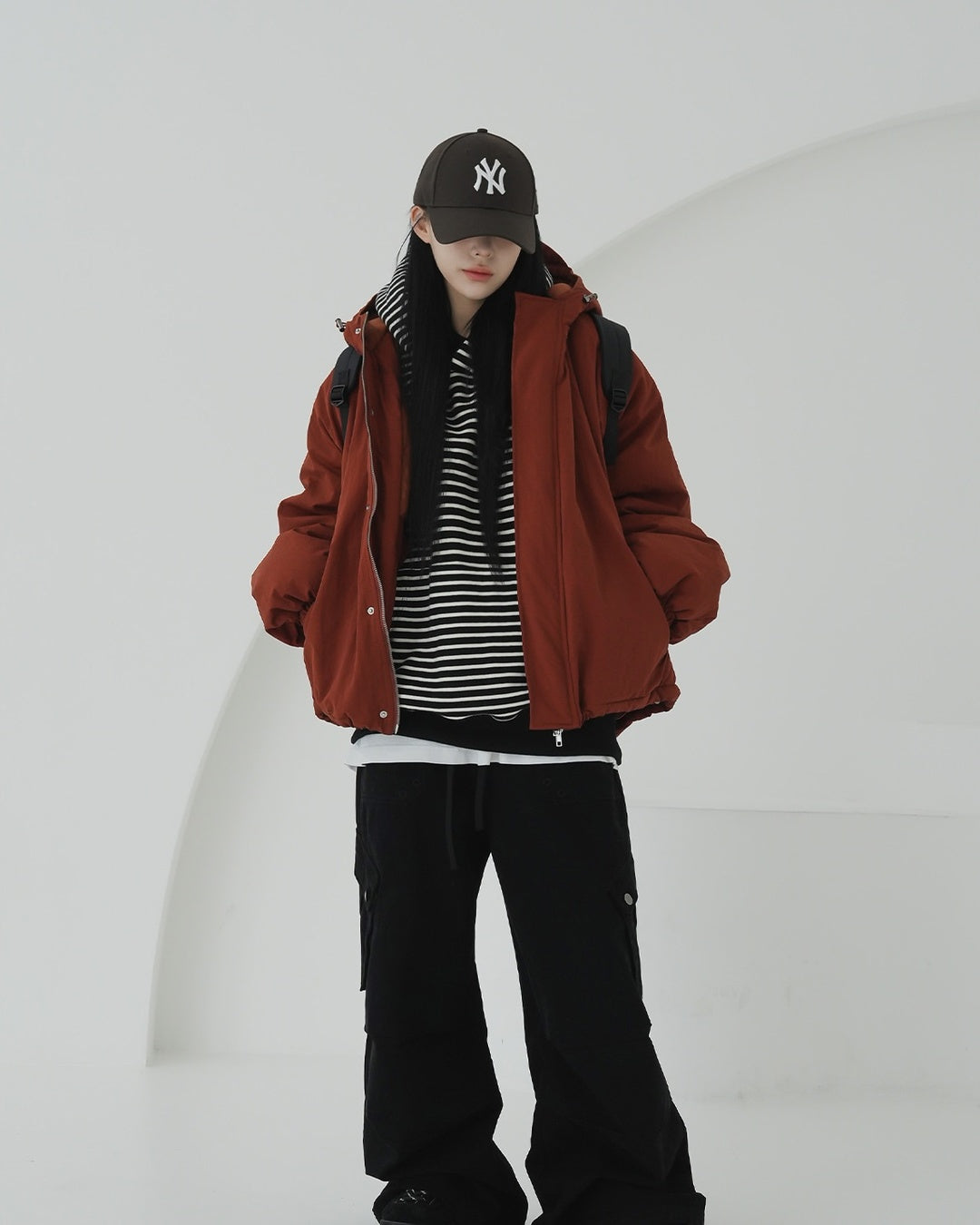 寬鬆 條紋 半開襟 手袖 刷毛 帽T / 3色