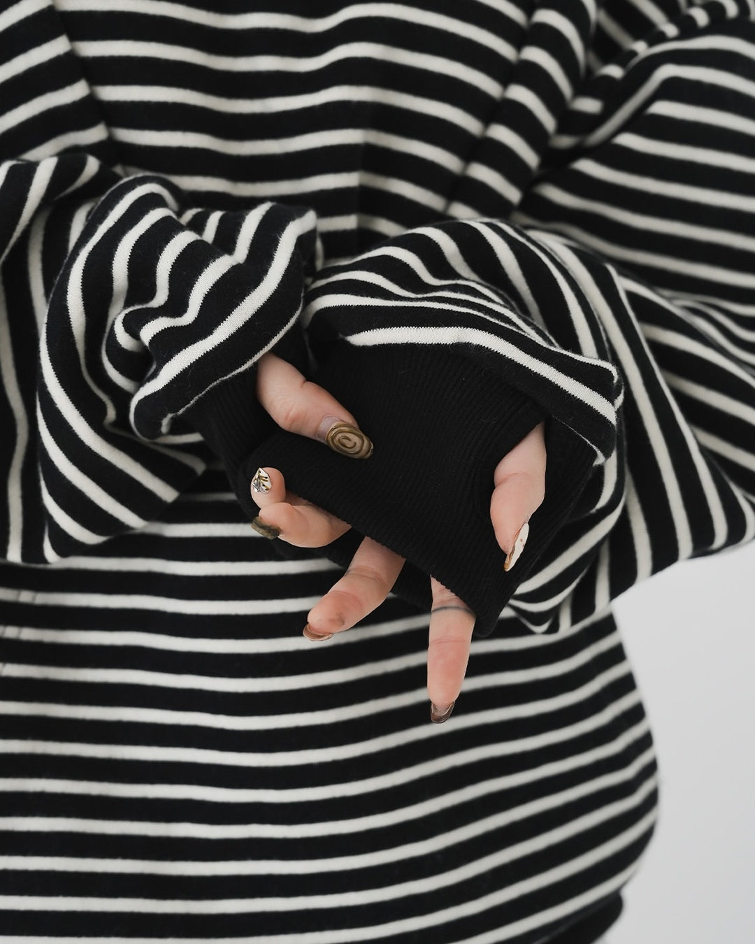 寬鬆 條紋 半開襟 手袖 刷毛 帽T / 3色