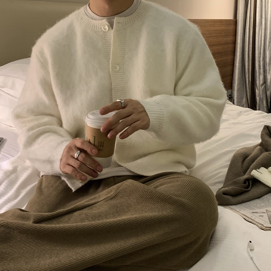 重磅 馬海毛 貝殼釦 疊穿 短版 針織 開襟衫 / 5色