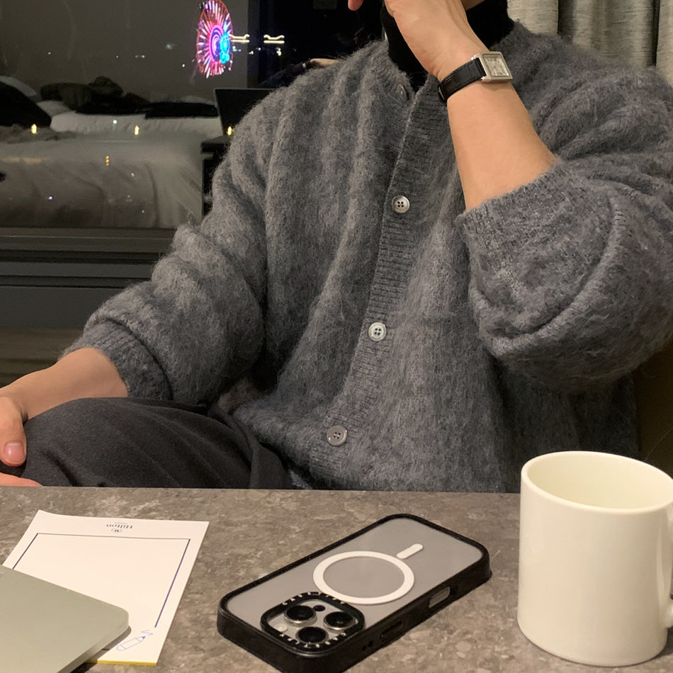 重磅 馬海毛 貝殼釦 疊穿 短版 針織 開襟衫 / 5色