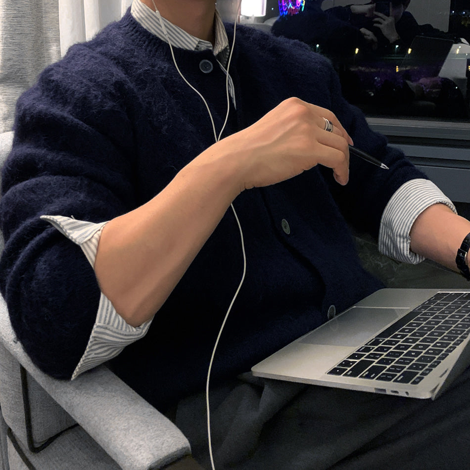 重磅 馬海毛 貝殼釦 疊穿 短版 針織 開襟衫 / 5色