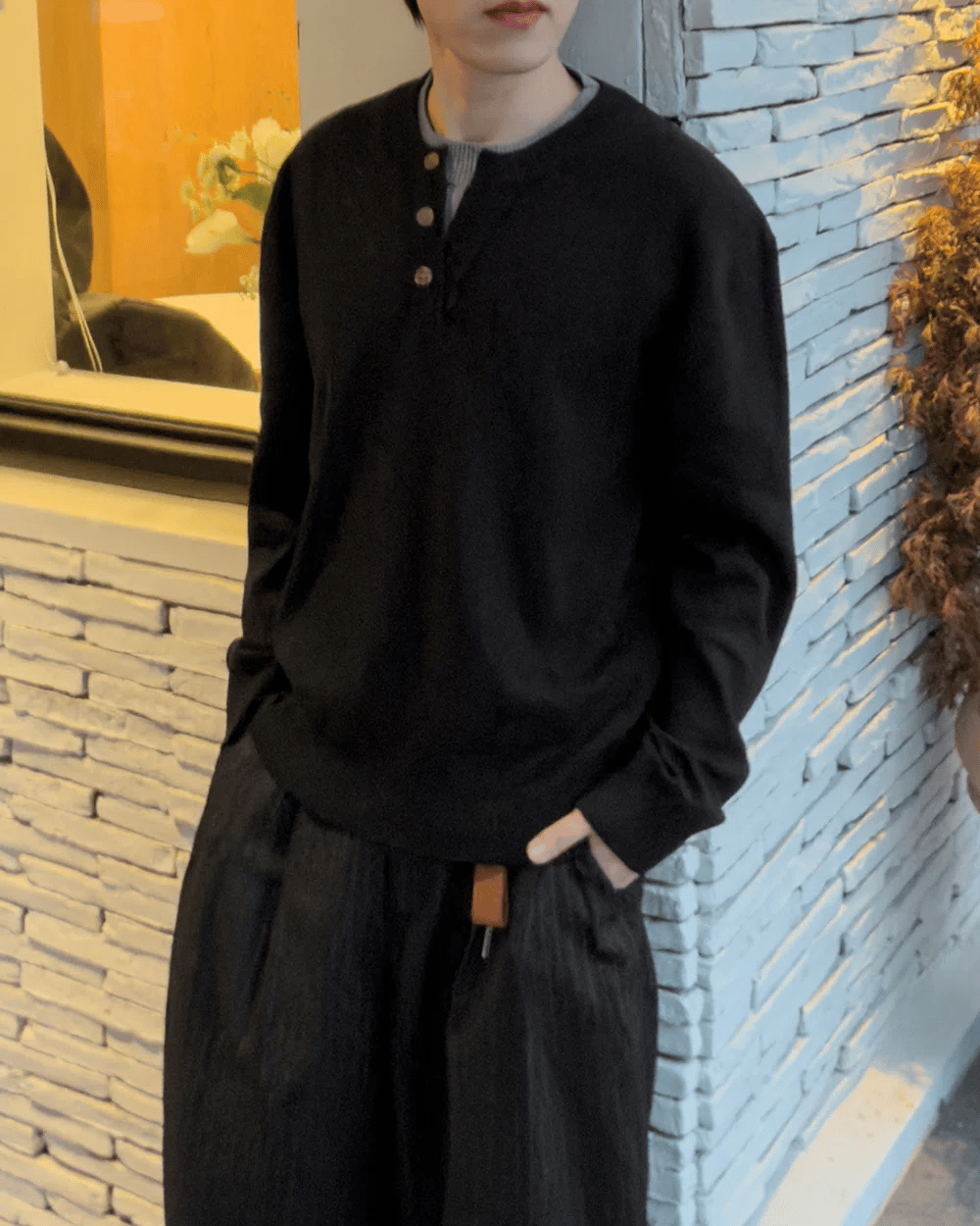 層次 假兩件 亨利領 寬鬆 針織衫 / 6色