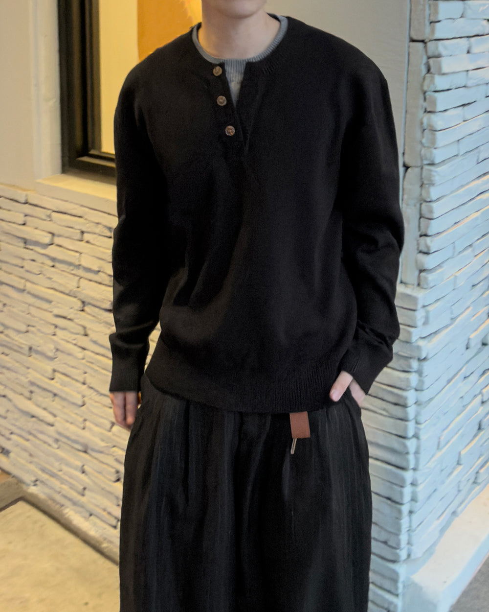 層次 假兩件 亨利領 寬鬆 針織衫 / 6色