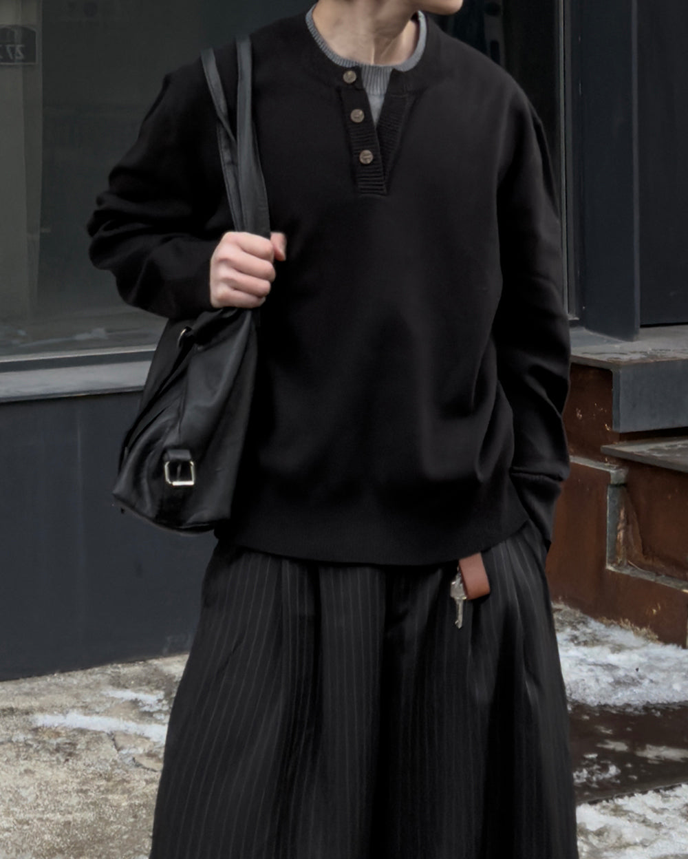 層次 假兩件 亨利領 寬鬆 針織衫 / 6色