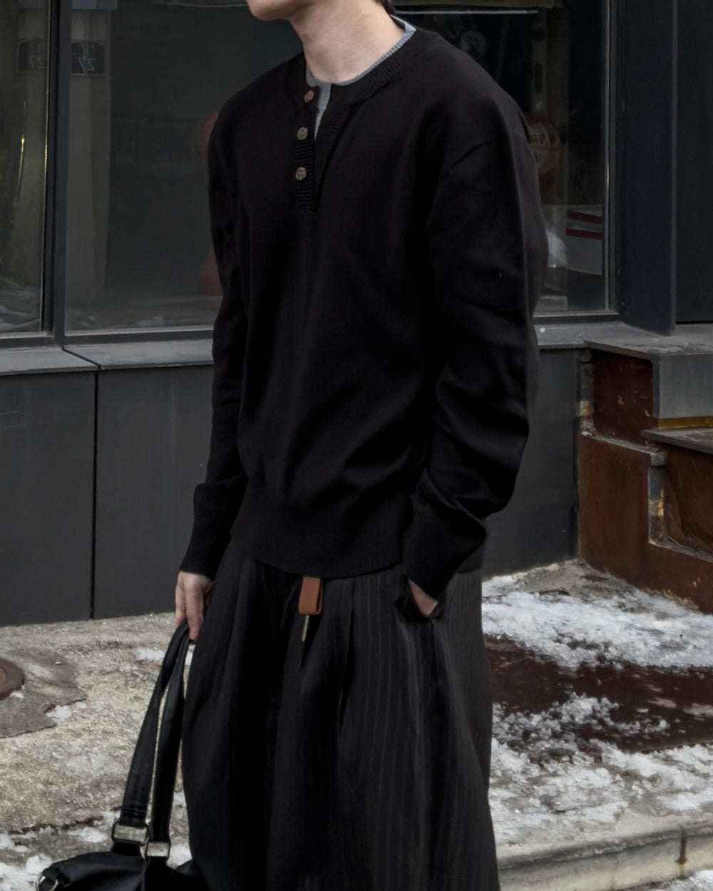 層次 假兩件 亨利領 寬鬆 針織衫 / 6色