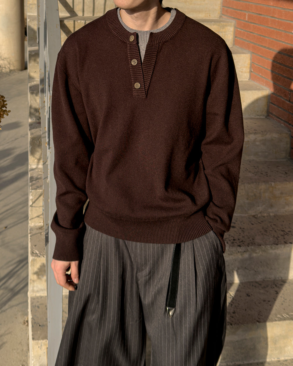 層次 假兩件 亨利領 寬鬆 針織衫 / 6色