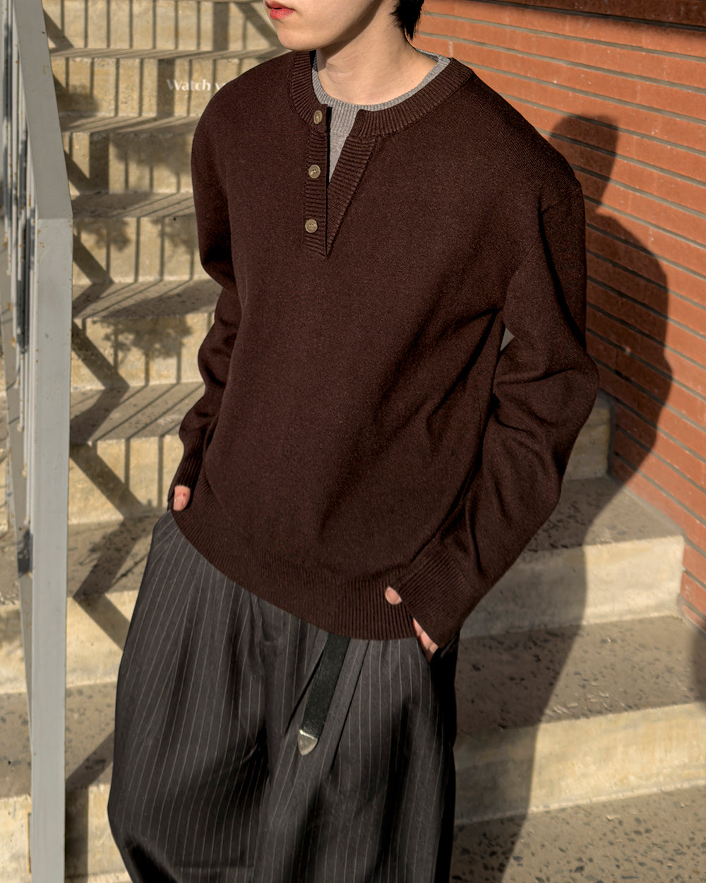 層次 假兩件 亨利領 寬鬆 針織衫 / 6色