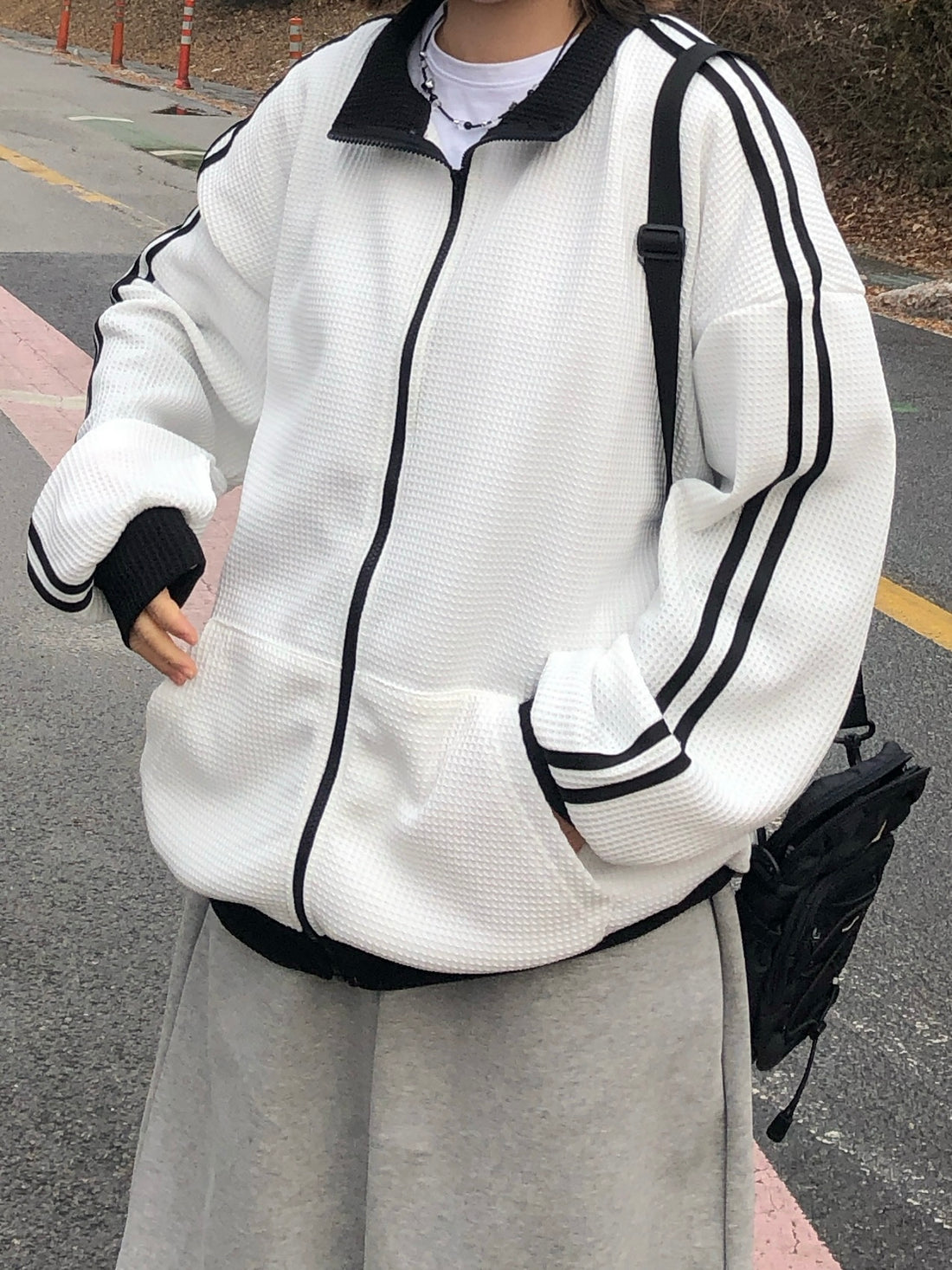 華夫格 側線條 撞色 針織外套 / 2色