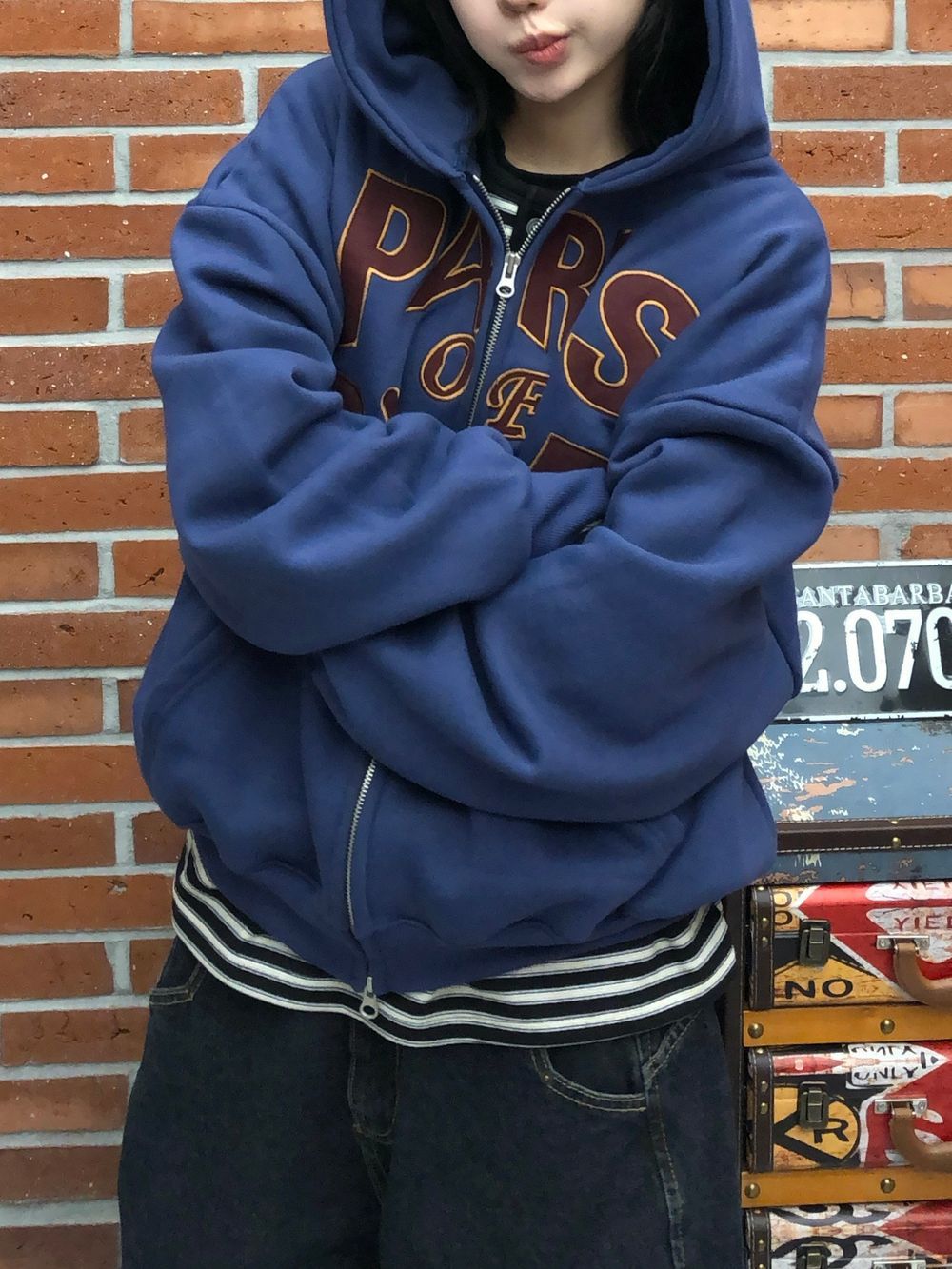 復古 Boxy 刺繡 雙拉鍊 連帽外套 / 3色