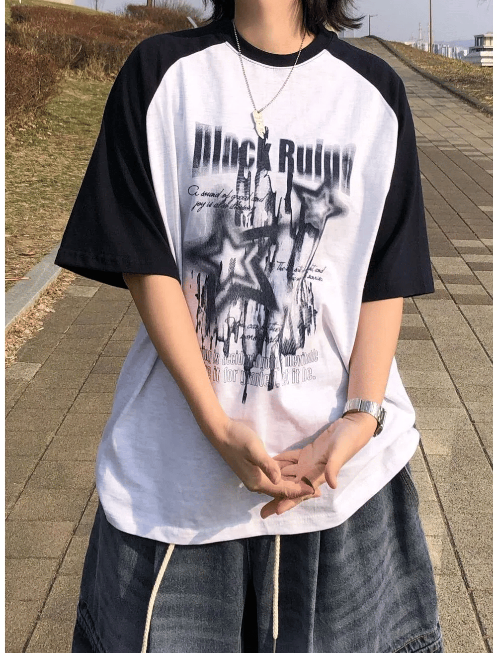 街頭 星芒印花 插肩袖 寬鬆 短袖 T恤 / 4色