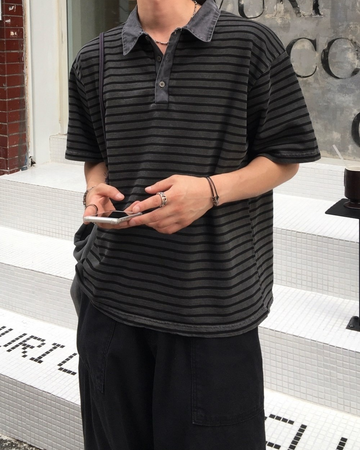 復古 水洗 條紋 寬鬆 短袖 Polo衫 / 4色