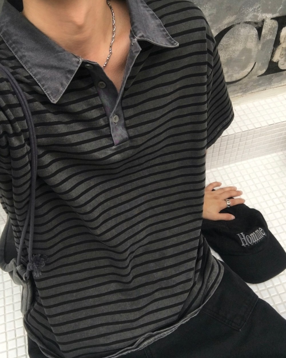 復古 水洗 條紋 寬鬆 短袖 Polo衫 / 4色