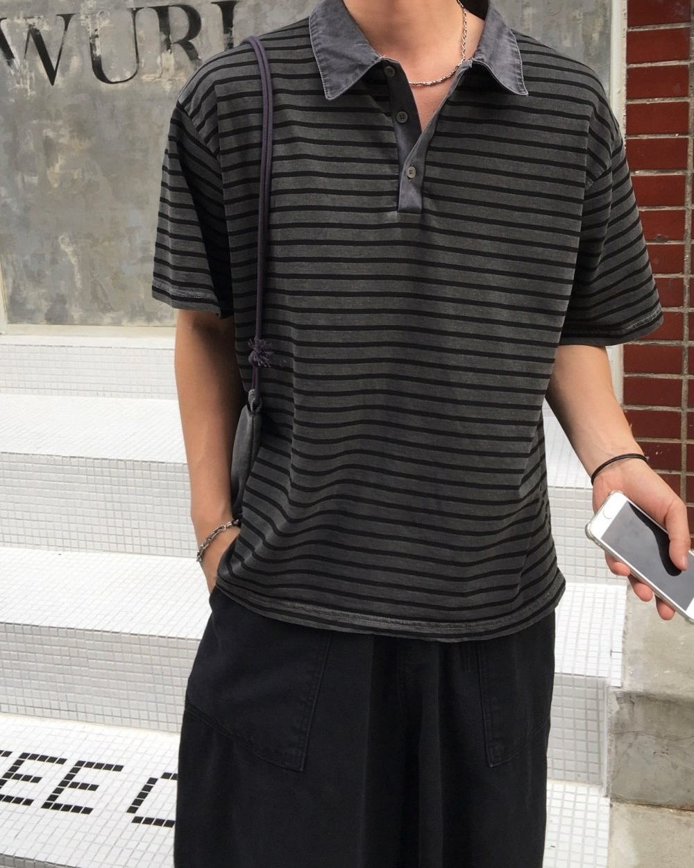 復古 水洗 條紋 寬鬆 短袖 Polo衫 / 4色