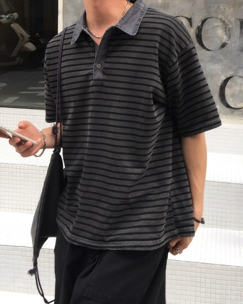 復古 水洗 條紋 寬鬆 短袖 Polo衫 / 4色