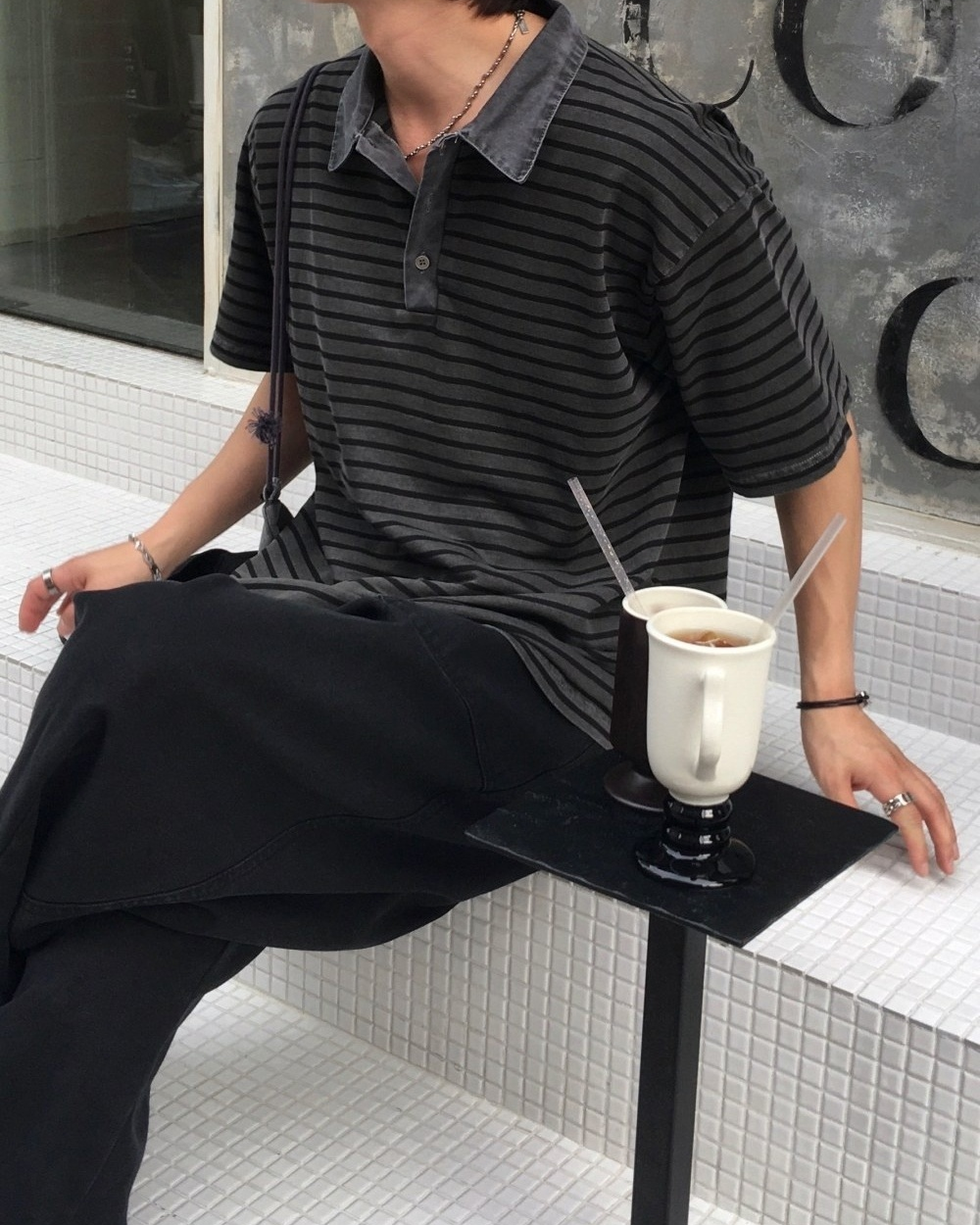 復古 水洗 條紋 寬鬆 短袖 Polo衫 / 4色