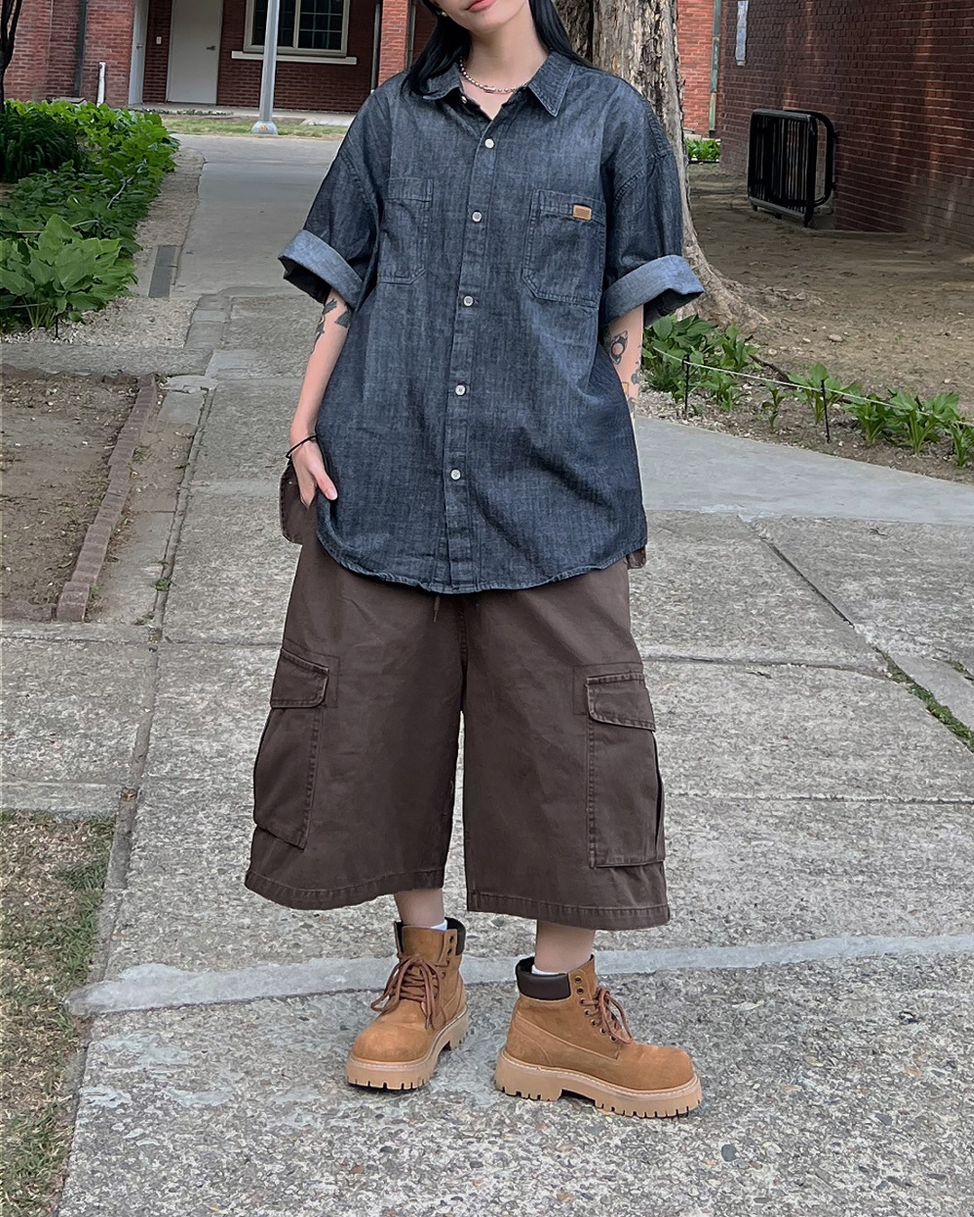 復古 水洗 丹寧 寬鬆 短袖 襯衫 / 2色