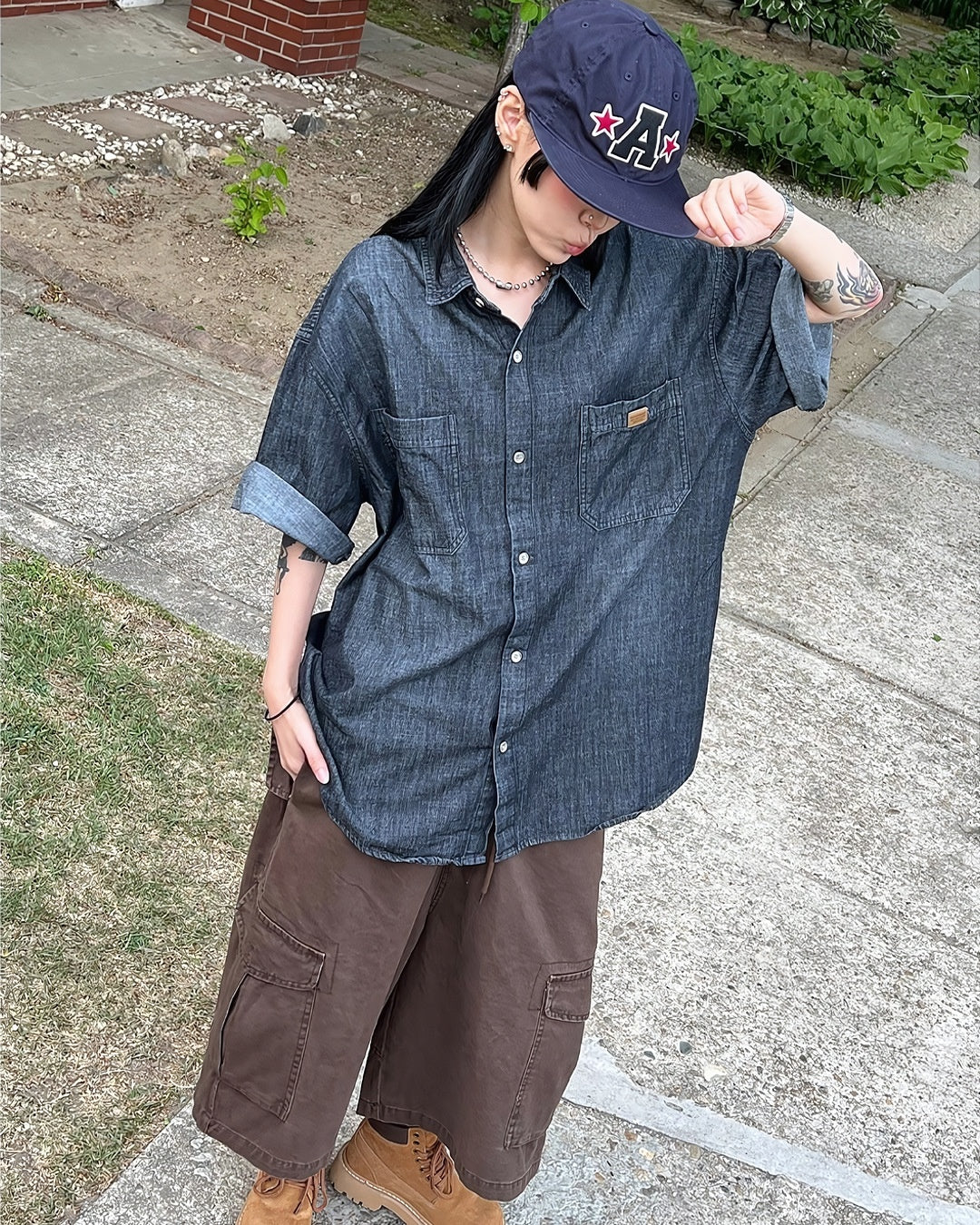 復古 水洗 丹寧 寬鬆 短袖 襯衫 / 2色