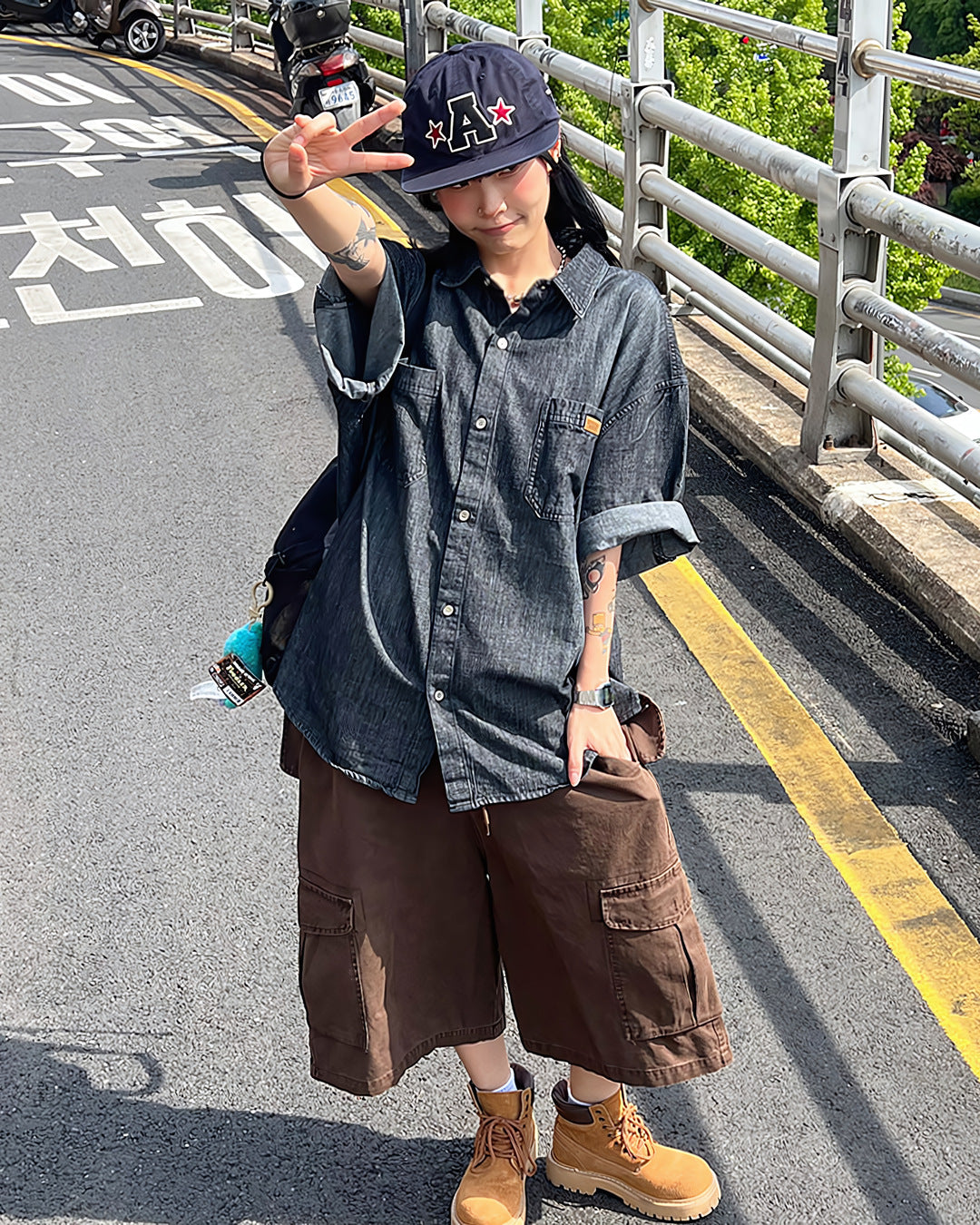 復古 水洗 丹寧 寬鬆 短袖 襯衫 / 2色