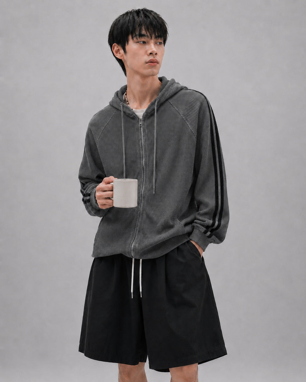 水洗 做舊 網眼 條紋 雙拉鍊 連帽外套 / 2色