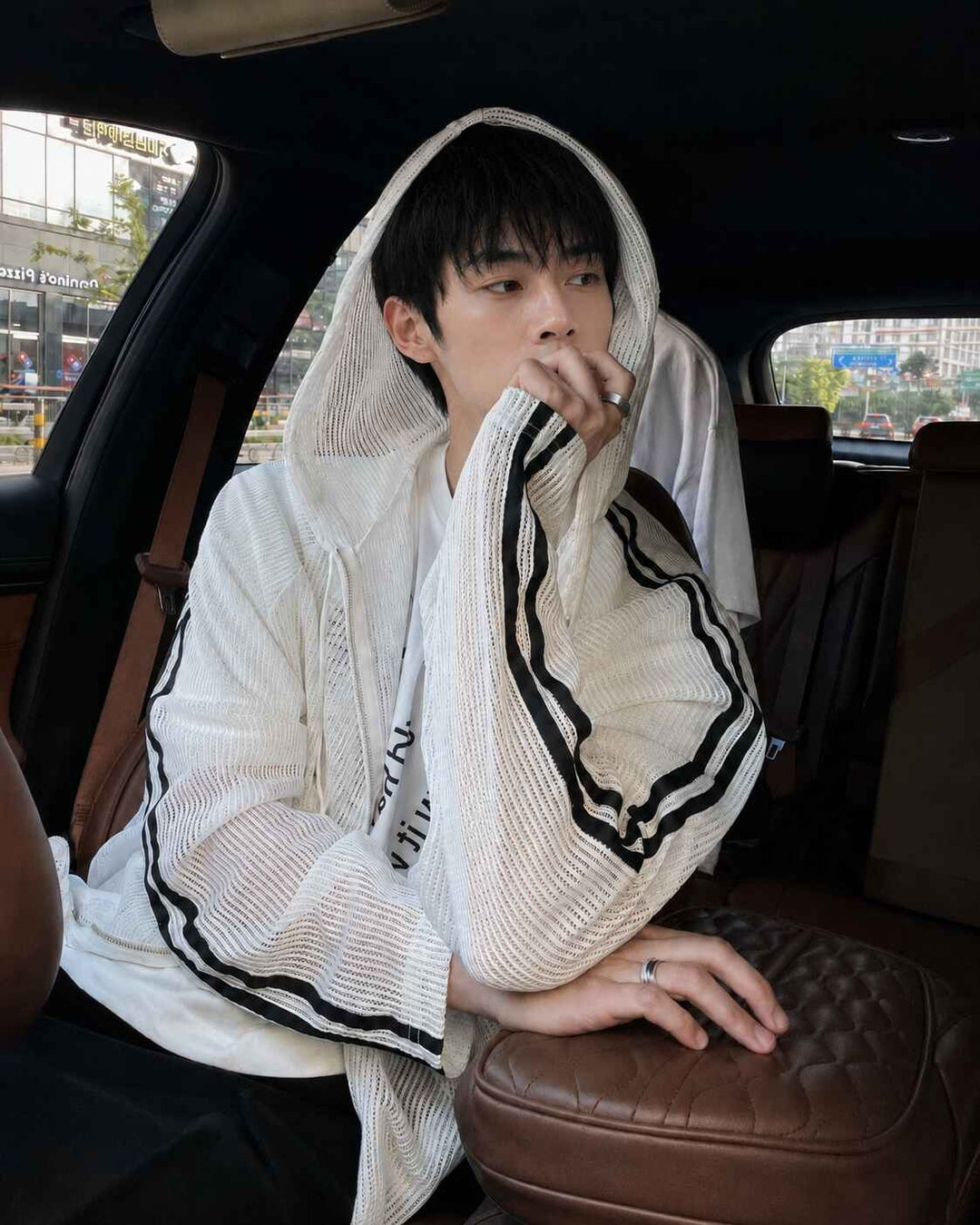 透膚 網眼 條紋 雙拉鍊 連帽外套 / 2色