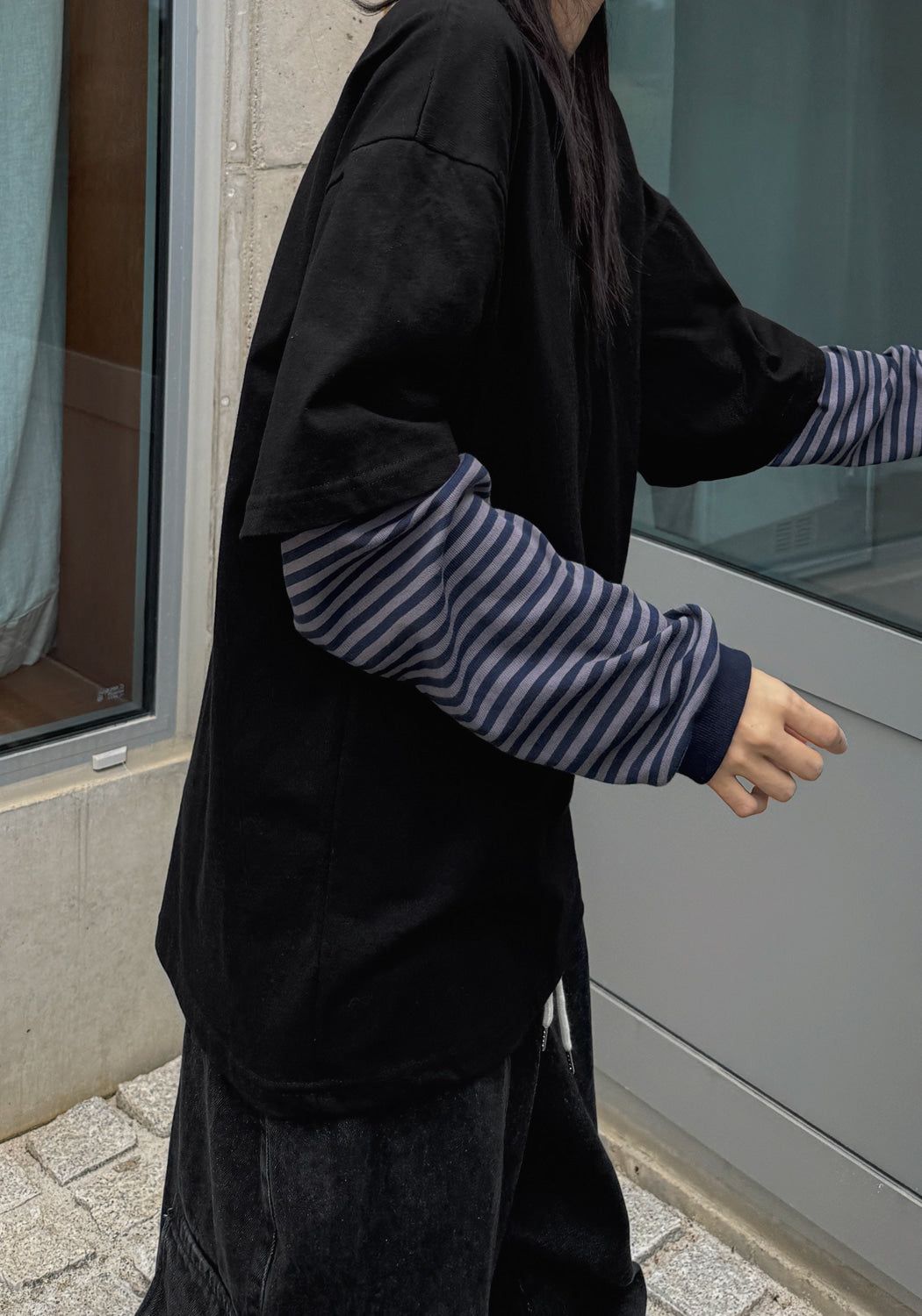 條紋袖 假兩件 層次 長袖T恤 / 2色