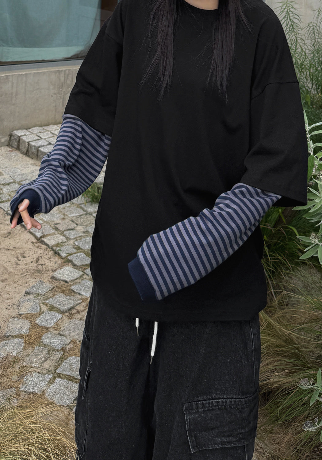 條紋袖 假兩件 層次 長袖T恤 / 2色