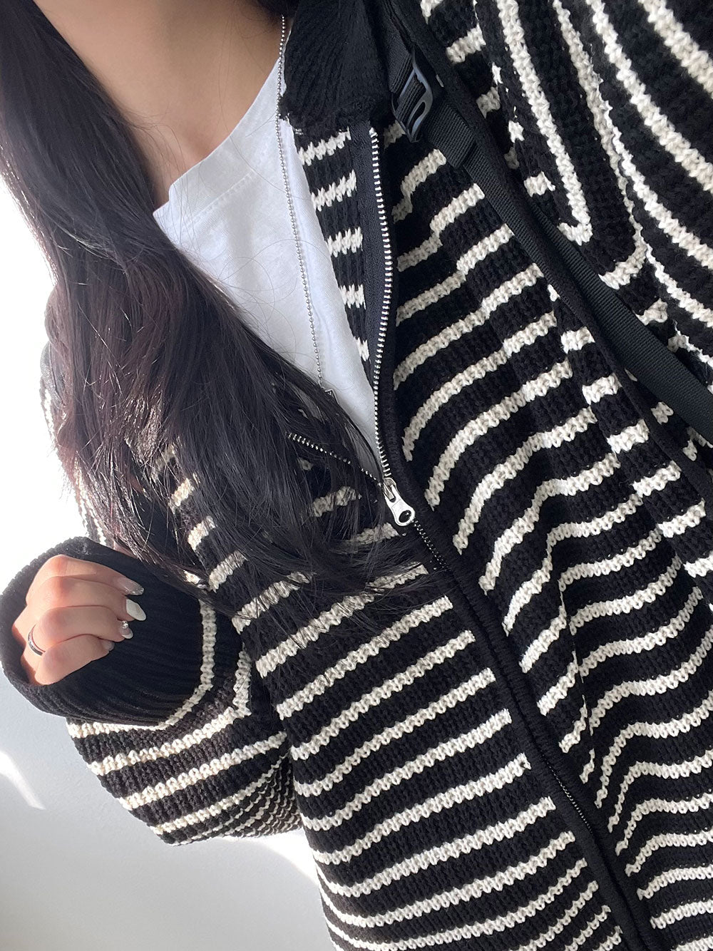 雙拉鍊 條紋 連帽 針織 外套 / 3色 - WHATEVER