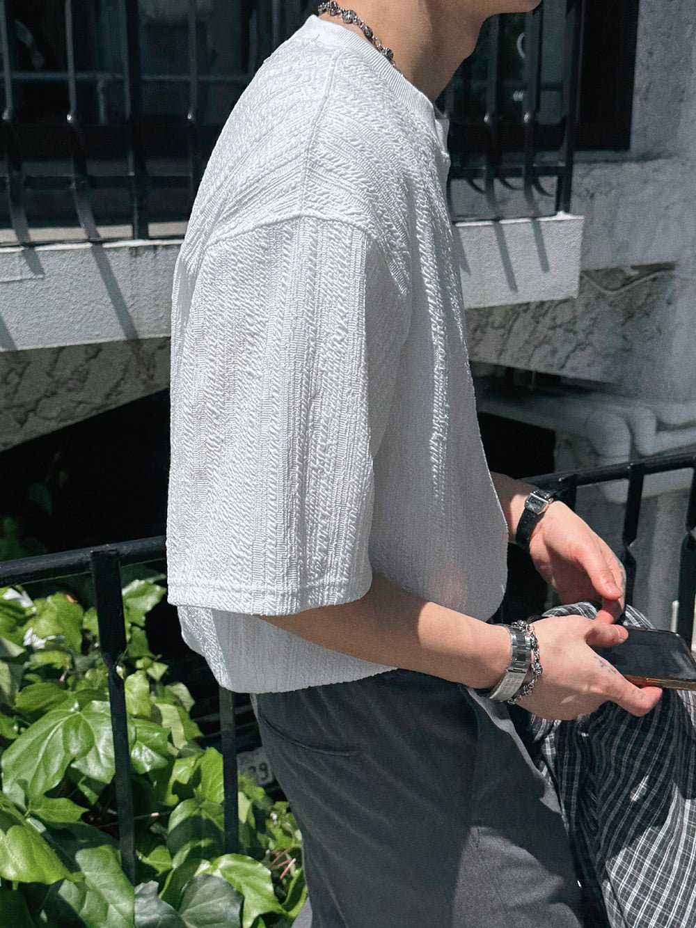 木紋 提花 寬短 短袖 上衣 / 3色 - WHATEVER STUDIO