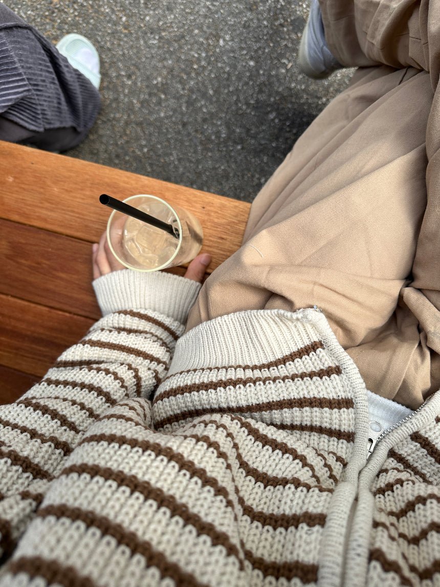 雙拉鍊 條紋 連帽 針織 外套 / 3色 - WHATEVER