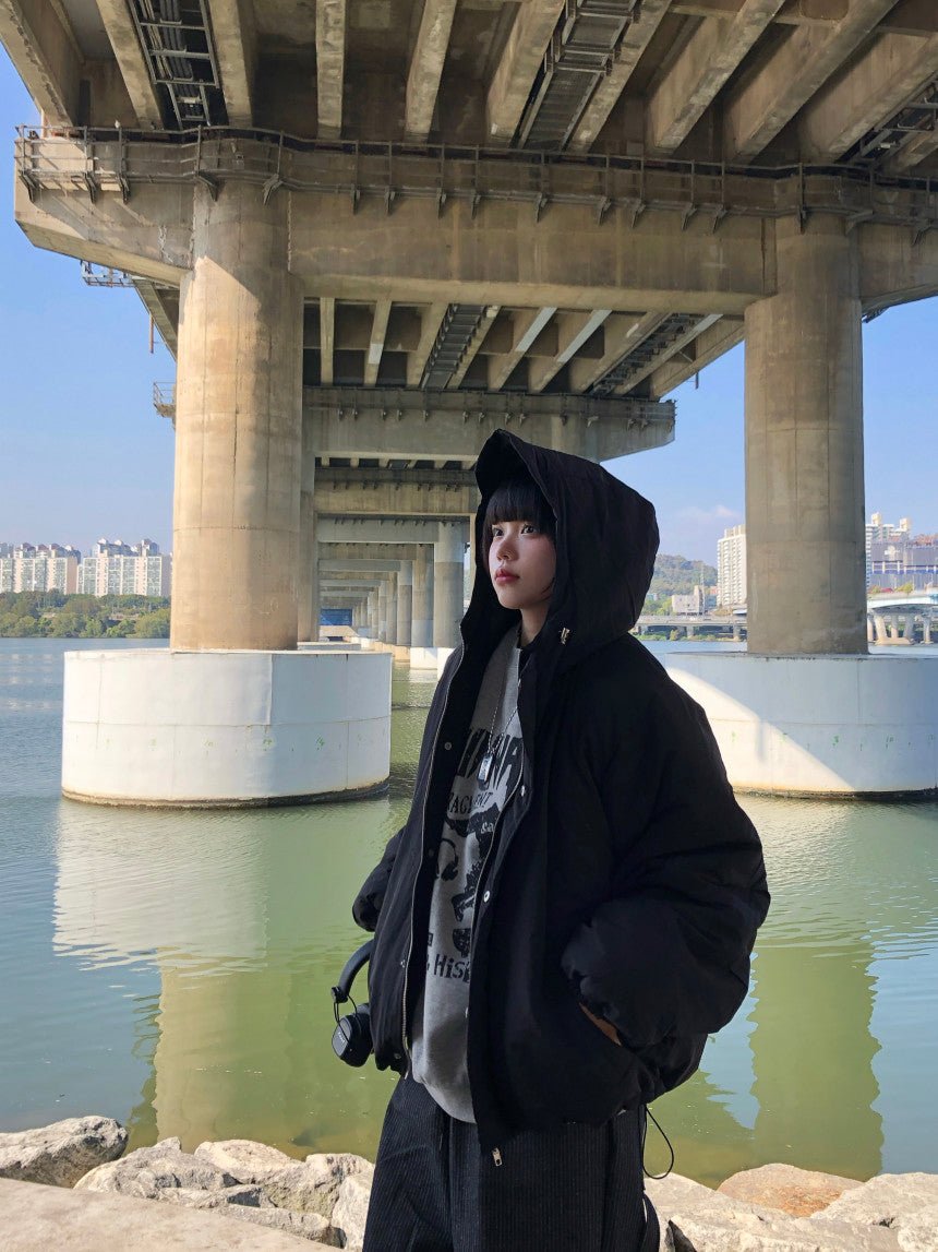 可調抽繩 雙拉鍊 極簡 寬鬆 連帽 羽絨外套 / 3色 - WHATEVER