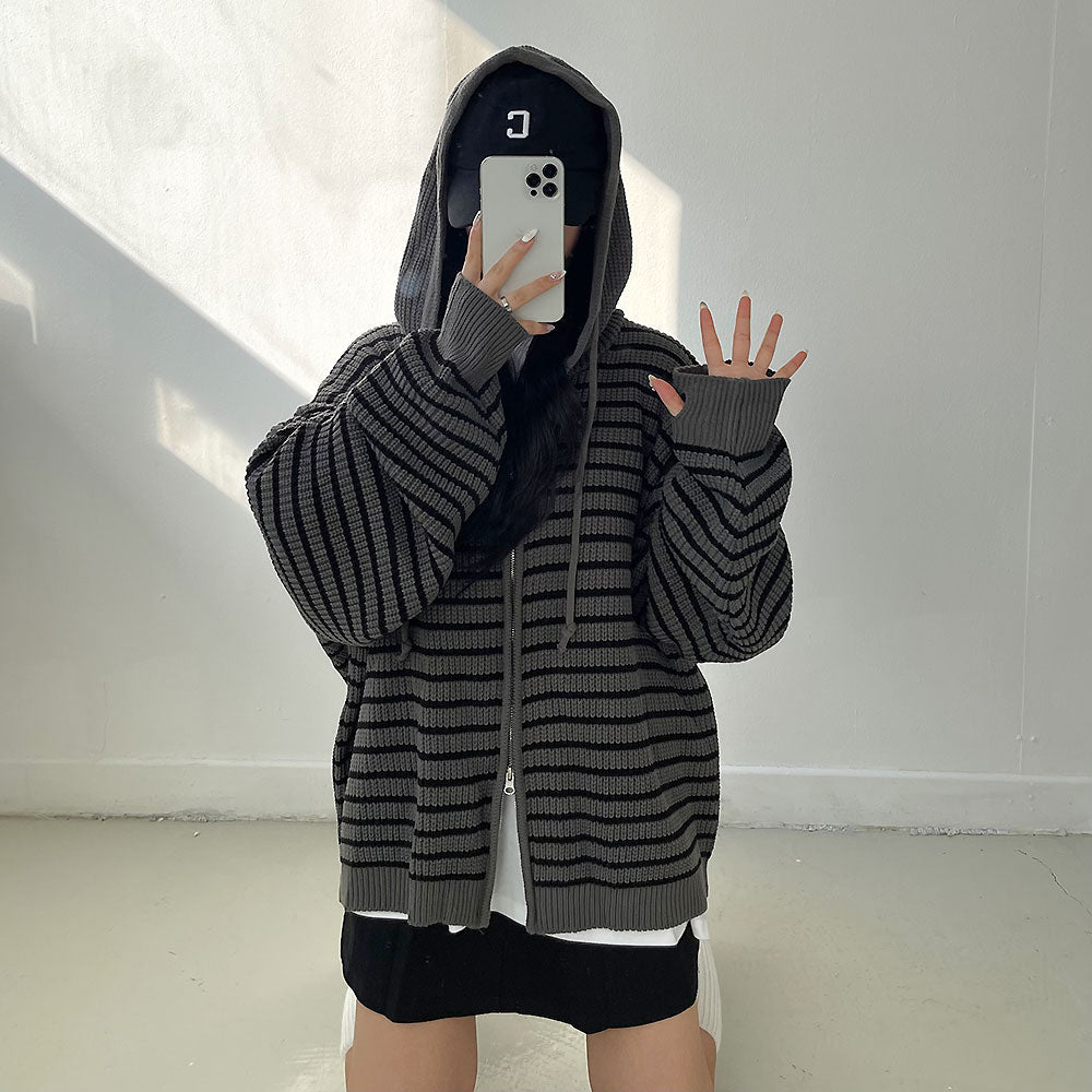 雙拉鍊 條紋 連帽 針織 外套 / 3色 - WHATEVER