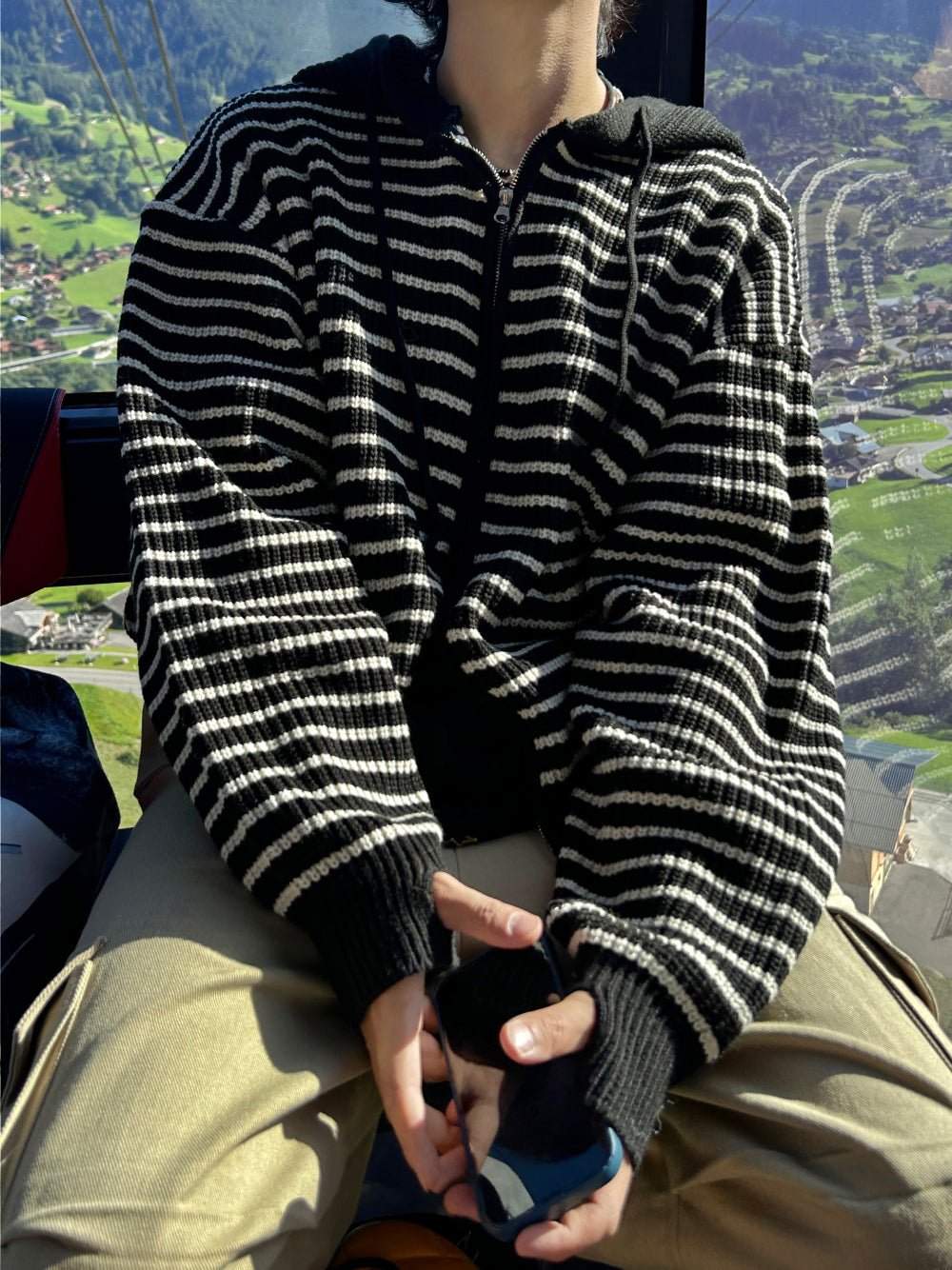 雙拉鍊 條紋 連帽 針織 外套 / 3色 - WHATEVER