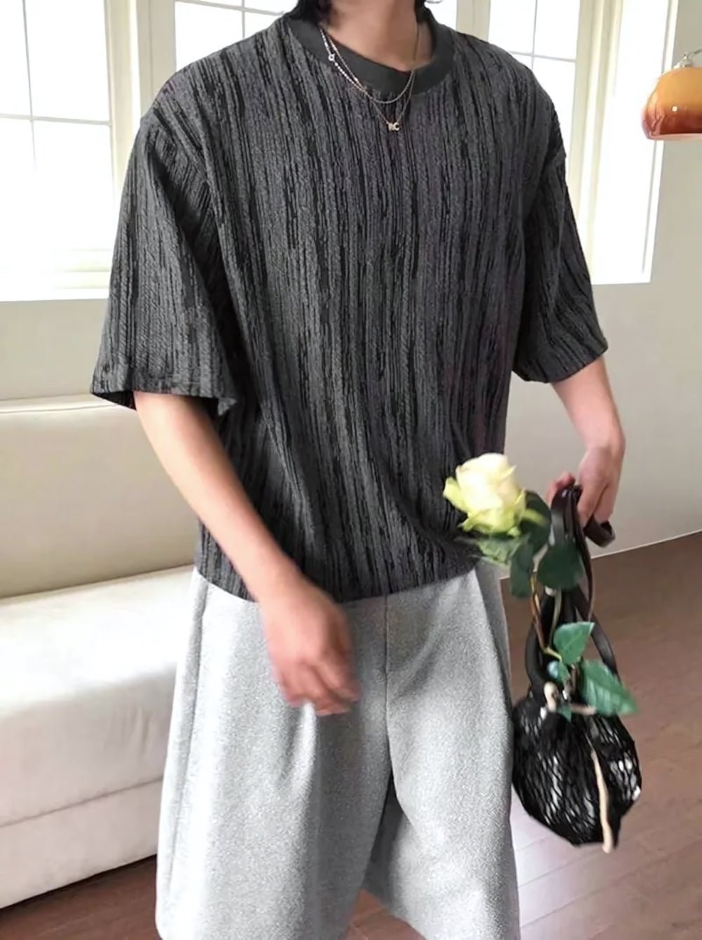 木紋 提花 寬短 短袖 上衣 / 3色 - WHATEVER STUDIO