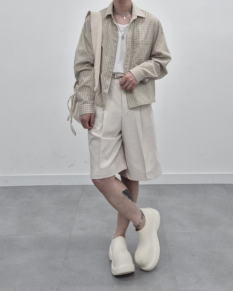 亞麻 短版 格紋 襯衫 / 3色 - WHATEVER