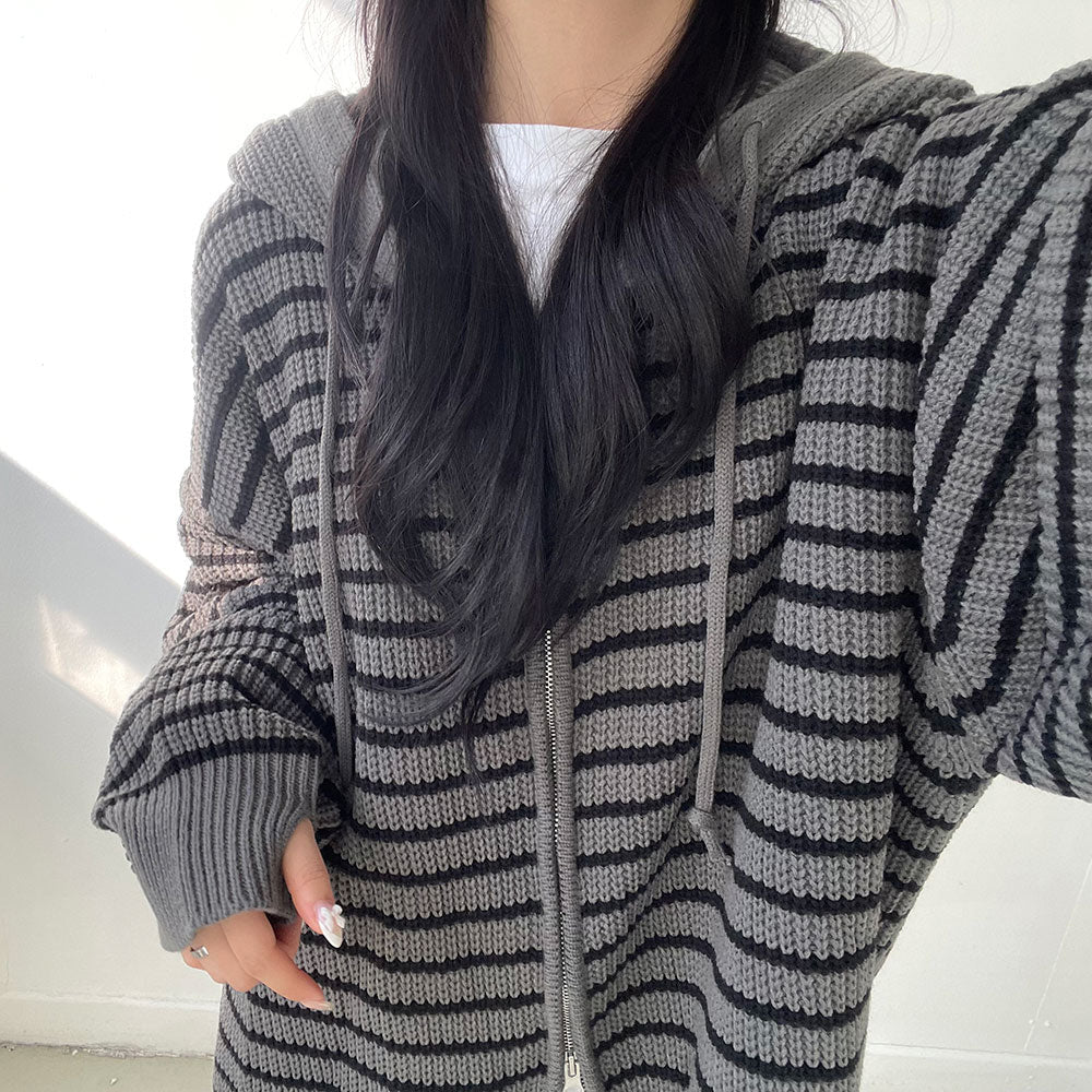 雙拉鍊 條紋 連帽 針織 外套 / 3色 - WHATEVER