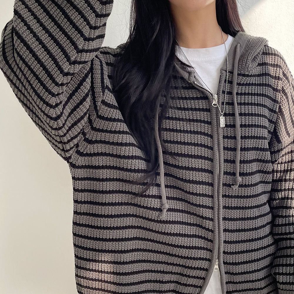 雙拉鍊 條紋 連帽 針織 外套 / 3色 - WHATEVER