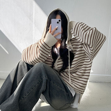 雙拉鍊 條紋 連帽 針織 外套 / 3色 - WHATEVER