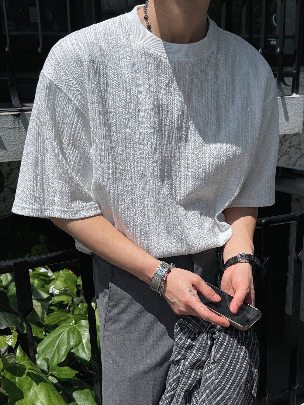 木紋 提花 寬短 短袖 上衣 / 3色 - WHATEVER STUDIO