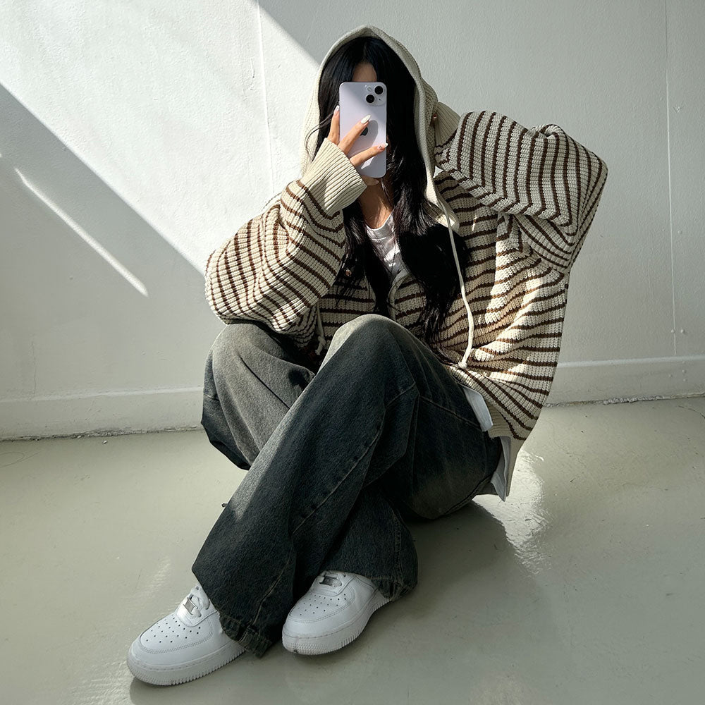 雙拉鍊 條紋 連帽 針織 外套 / 3色 - WHATEVER