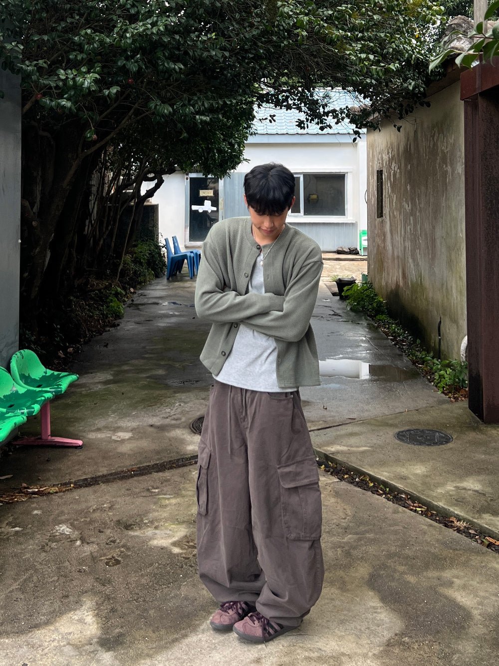 寬版 水洗 抽繩 錐形 工裝褲 / 3色 - WHATEVER