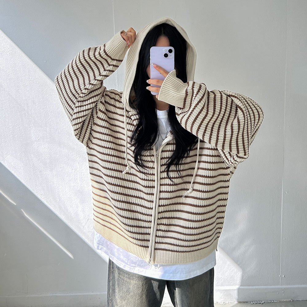 雙拉鍊 條紋 連帽 針織 外套 / 3色 - WHATEVER